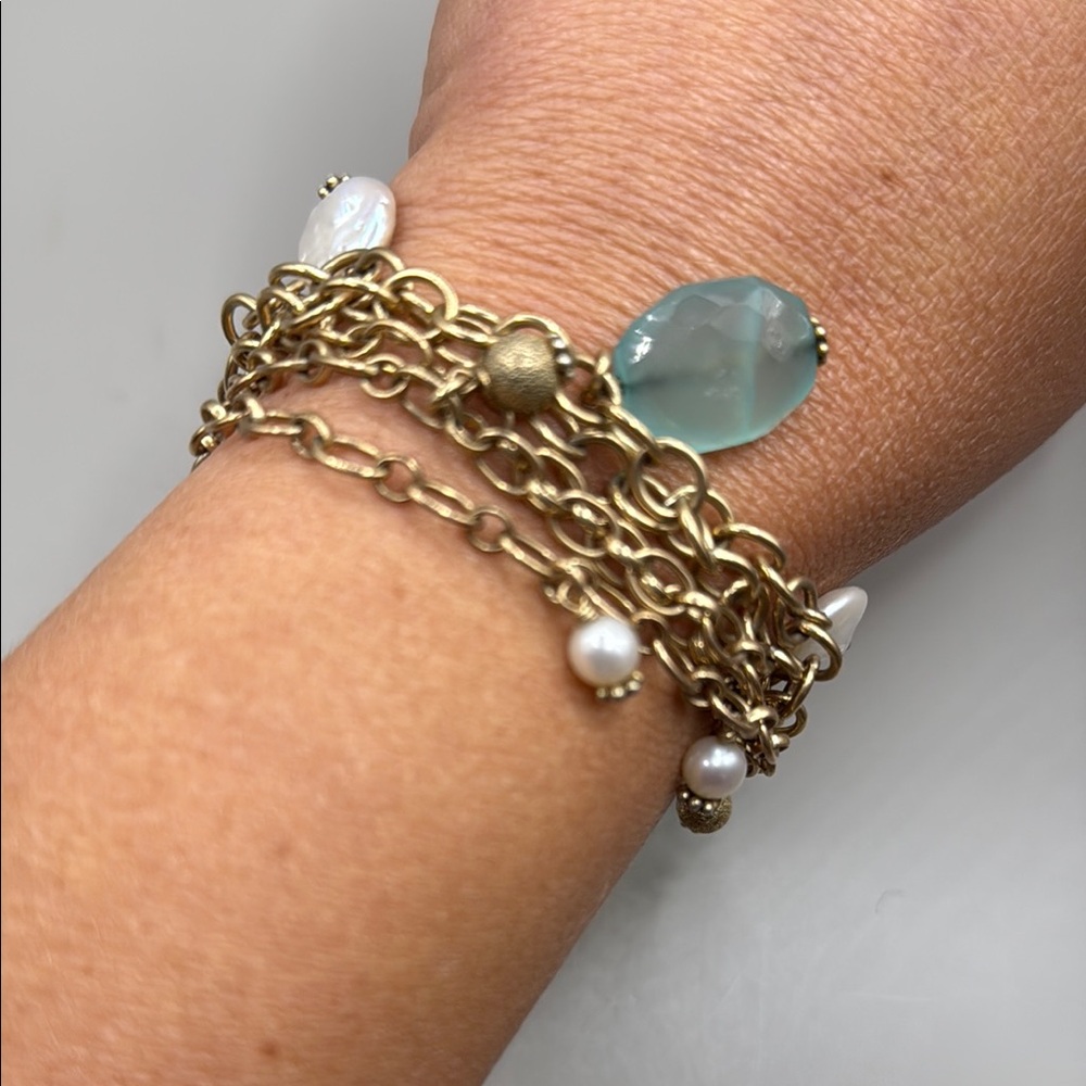 Vintage Jessica Elliot Gold Tone Chain Pearl Beaded Bangle Cuff Bracelet